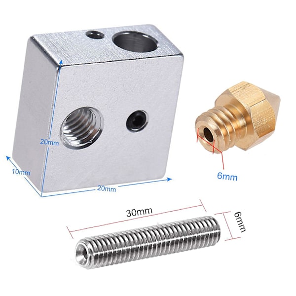 2 stk./sæt 0,4 mm messingdyse ekstruder print hoved + varmeblok hotend + 1,75 mm halsrør rør fo