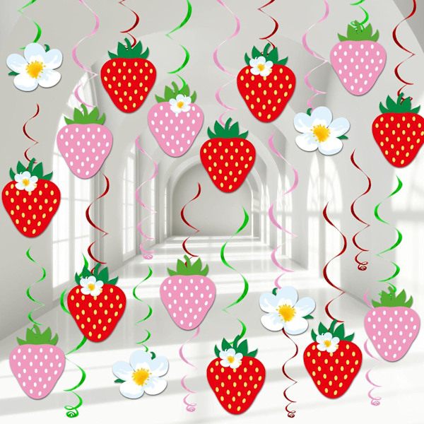 32 st Jordgubbsfestdekorationer, Jordgubbshängande Virvlar Bär Första Födelsedagsbanners, Jordgubbsfolievirvlar Tak för Babyshower 3 set