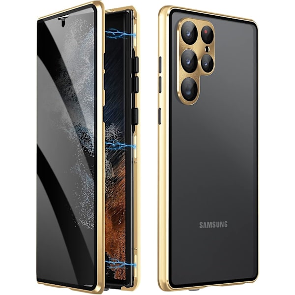 Tietosuojallinen Magneettinen Kotelo Samsung Galaxy S24 Plus:lle - Karkaistu Lasi, Täyspeitto, Käännettävä, Metallireuna, Suojaava Puhelimen Kotelo gold