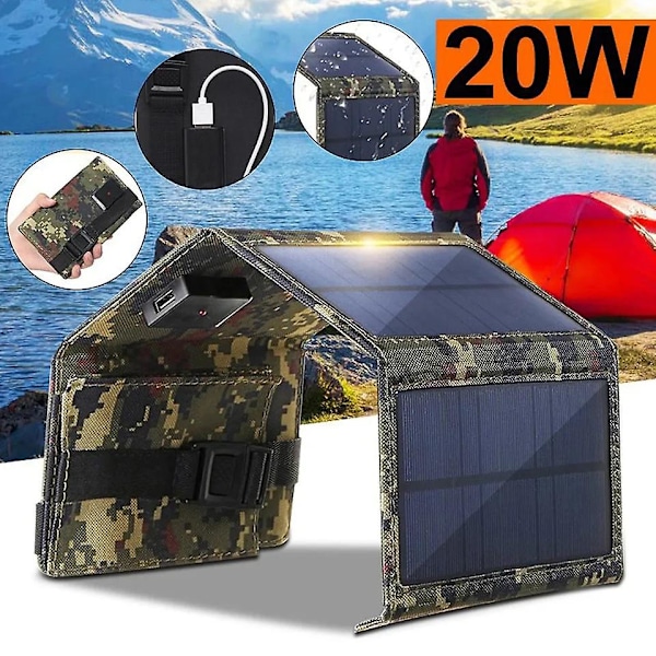 20W Solcellepanel Foldbar Taske, Sort Camouflage USB Mobiltelefon Opladning, Udendørs Mobil Strømforsyning FF RYzd