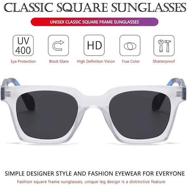 AIEYEZO Klassiska fyrkantiga solglasögon för män och kvinnor, trendiga fyrkantiga solglasögon i designermodell matte clear blue