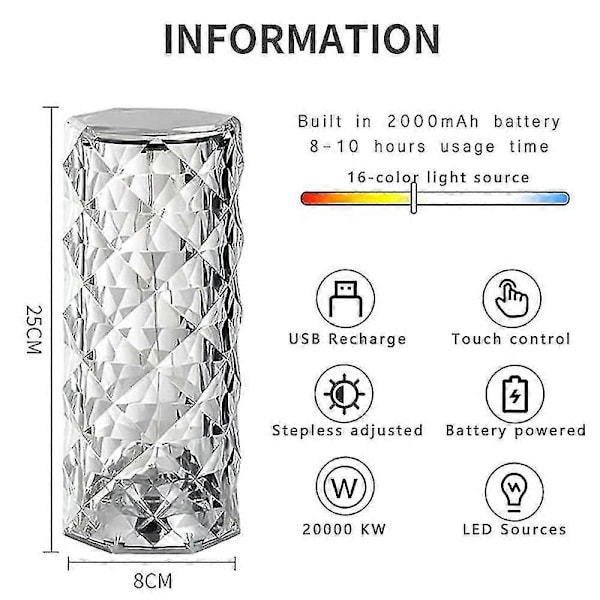 Krystall Diamant Bordlampe, 16 Farger USB-Lading Touch Lampe Sengelampe Nattlys Med Fjernkontroll -CHSZ