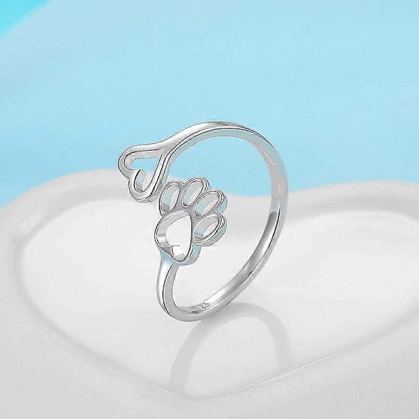 Valphundälskare Paw Print Ring Hjärta 925 Sterling Silver Justerbar Ring