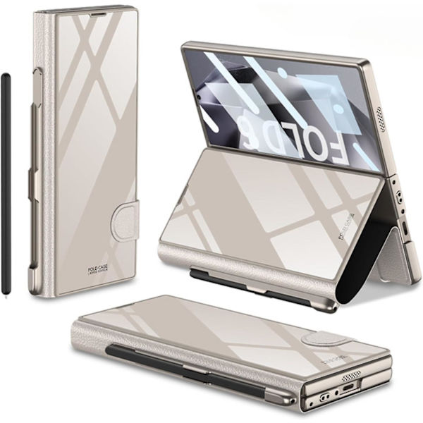 Fodral för Samsung Galaxy Z Fold 6 med pennfack, Z Fold 6 fodral pläterat glas hybridläder All-Inclusive fodral med skärmskydd titanium gray