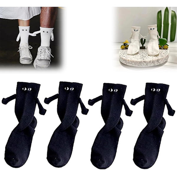 2 Par Soks til Par, der Holder Hånd, Unisex Sjove Mid-crew Soks Magnetisk Sugning Håndholdende Soks Nyhed Tegneserie Sports Soks black 2 pairs