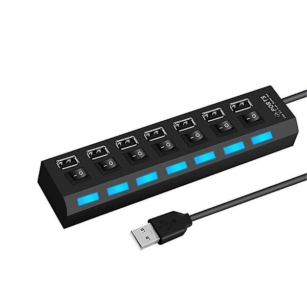 Svart 7-porters USB-hub med høy hastighet, multisplitter, ekspansjonsstrømadapter for PC bærbar PC -GSL