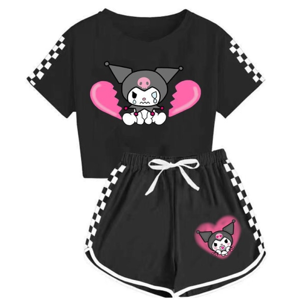 Kuromi pojkar och flickor T-shirt + shorts sportpyjamas set Flower type 2-burgundy 120cm