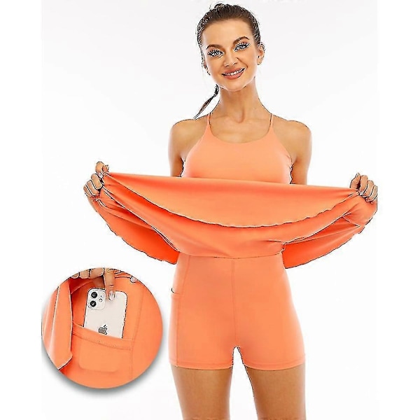 Kvinnors Tennis Klänning Träning Set 2 I 1 Med Telefonficka Solid Färg Bodysuit Svart Vit Spandex Yoga Fitness Gym Träning Tummy Control Butt Lift B s