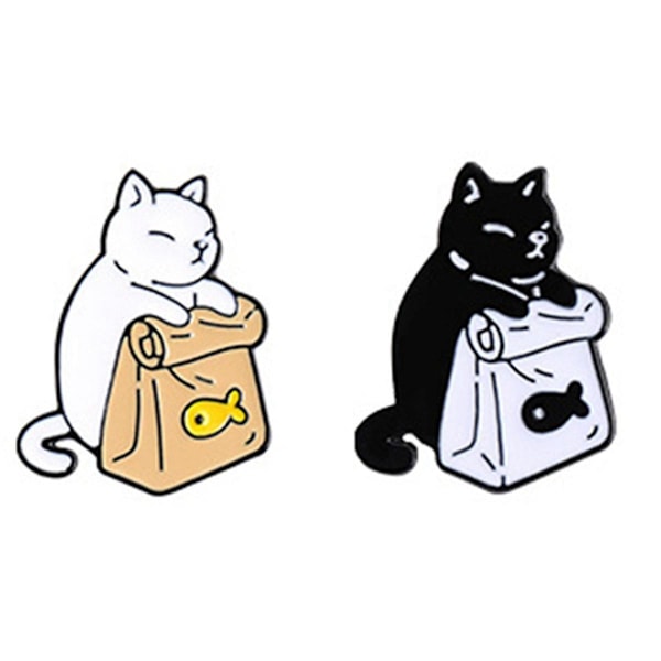 Söt svartvit katt - Brosch av emalj med fiskmotiv, tecknade djur, metall, rolig meme-märke, knappnålar för kavajslag, barn, damväskor