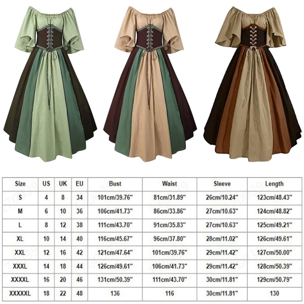 medeltida kläder Dam kortärmade gotiska klänningar Brown L