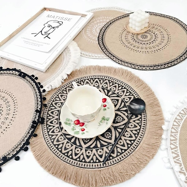 Kreativ Mandala Rund Placemat Boho Vevd Makrame Frynser Kvaster Bordmatte Varmebestandig Kopper Plate Koster Dekor style 1