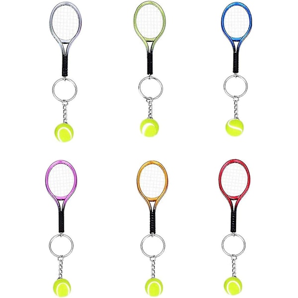 6 stk. Tennisracket-nøkkelring med ball-anheng, tilfeldig farge