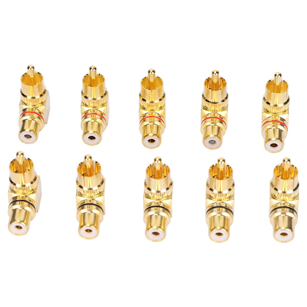 10 kpl RCA-kulma-adapteria, uros-naaraskupari, kultapinnoitettu, 90 astetta, L-tyyppinen RCA-adapteriliitin