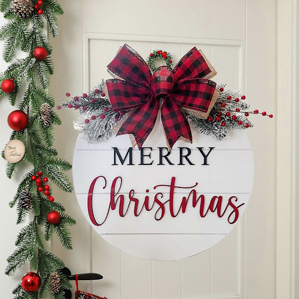 Julvälkomstkrans Dekorationer, God Jul Hängande Skylt för Framdörr, Konstgjord Flätad Julkrans a