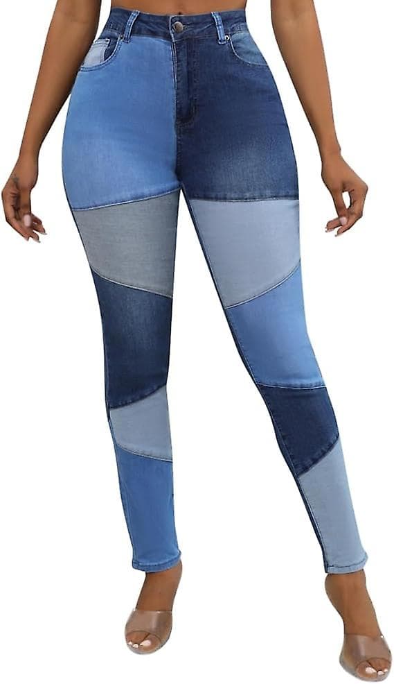 Kvinners Mid Waist Stretchy Patchwork Denim Bukser Jeans B2 ZD V xl