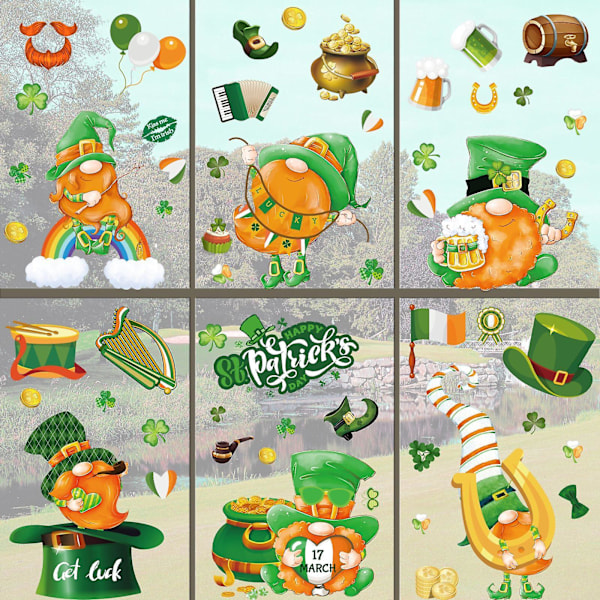 Fönsterklistermärken för St Patricks Day, Tomte Leprechaun Fönsterklistermärken, Gröna Shamrock Guldmynt Dubbelsidiga Dekaler