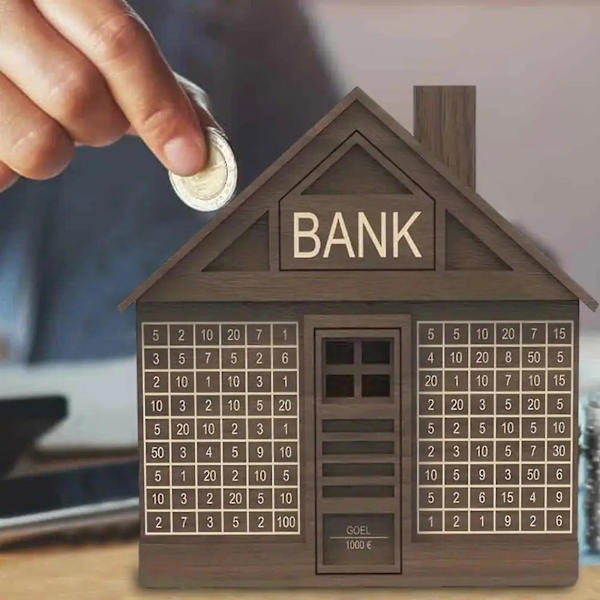 Spargris i Trä med Räknare, Retro Pengabox för Mynt och Sedlar, Spargris för Sparmål 2000 euro - white