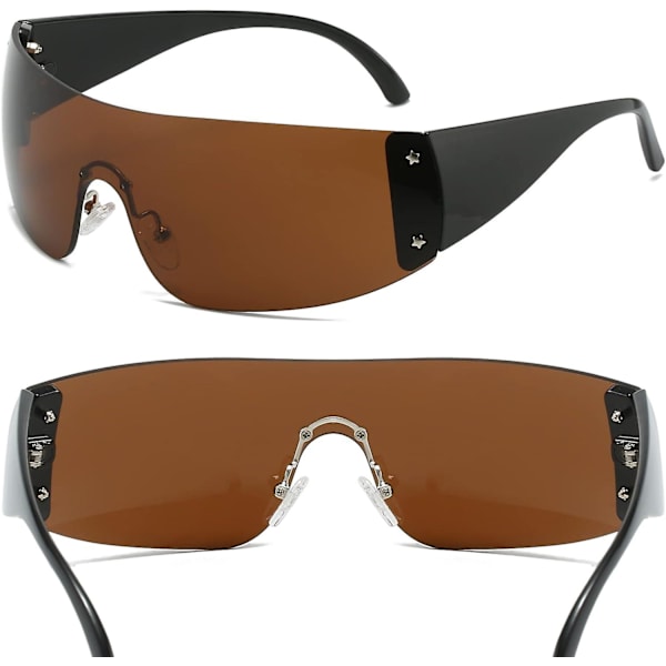 AIEYEZO Rimless Y2K Solbriller til Kvinder og Mænd Oversized Fashion Wrap Around Rammeløse Solbriller brown