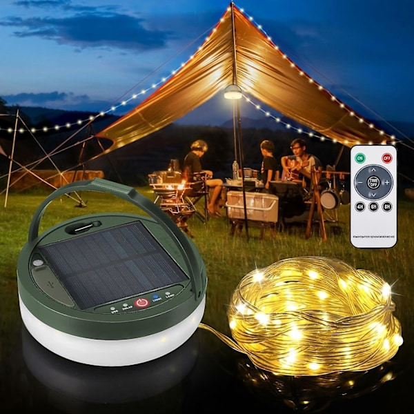 Anpro 2 in 1 aurinkokäyttöiset leirintävalot, 39,4 jalan erittäin pitkä valosarja, jossa on lämpimän valkoiset 150 LEDiä, aurinkokäyttöiset ja USB-ladattavat valot kaukosäätimellä