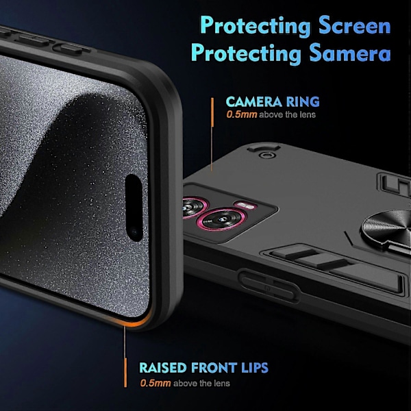 Skal för Motorola Edge 50 Fusion 5G PC+TPU Stöttåligt Telefonskal med Ringstativ - Svart black