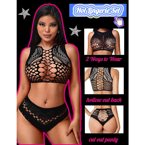 Kvinners Fishnet Lingerie For Women Sexy Todelt Lingerisett Stripper Outfit Ybx -GSL purple