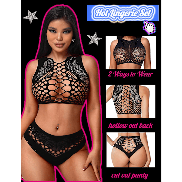 Kvinners Fishnet Lingerie For Women Sexy Todelt Lingerisett Stripper Outfit Ybx -GSL rose red