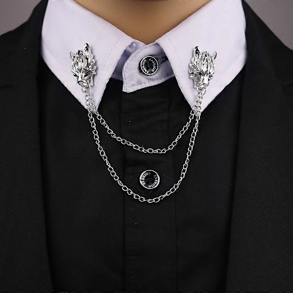 Kostymskjorta Krage Tofs Kedja Kavajnål Brosch Vargmärke Retro Nålar silver b with chain