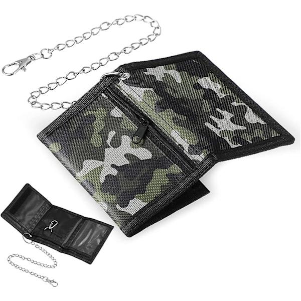 Tegnebog med Kæde, Camouflage Børnetegnebog, Foldbar Slank Tredelt Tegnebog Til Drenge, Tredelt Tegnebog Med Møntlomme & Kortlomme