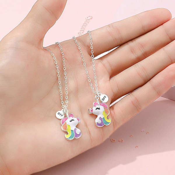 2 stk BFF Tegneserie Hjerte Unicorn Hengesmykke Bestevenner For Alltid Barn Smykkesett