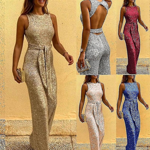 Sequin jumpsuit - Sølvfarvet jumpsuit med pailletter og rund hals champagne color