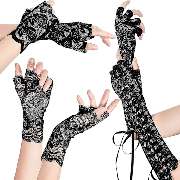 3 Par Lace Fingerlösa Handskar Set Armbågs Lace Up Steampunk Handskar Fingerlösa Bröllop Lace Handskar, Stor