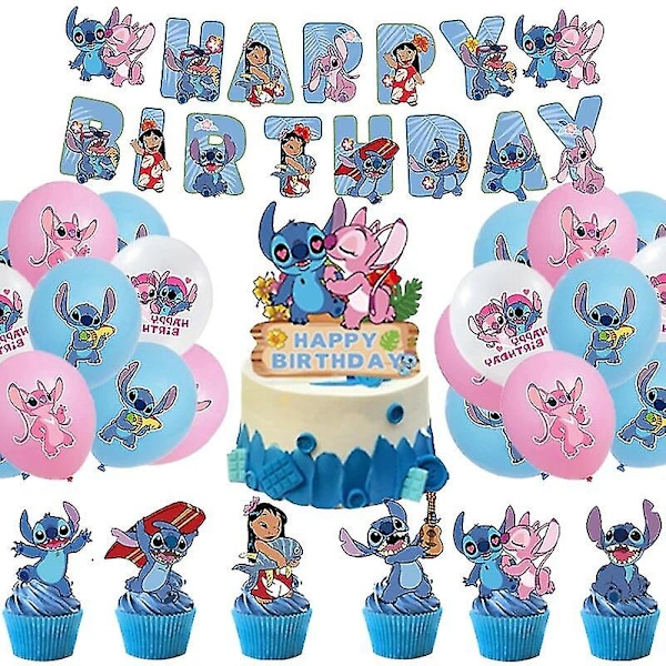 Blå Stitch Födelsedagsfest Dekorationer Cartoon Lilo Och Stitch Tema Servis Set Koppar Tallrikar Ballong Barnfest Tillbehör 61pcs set