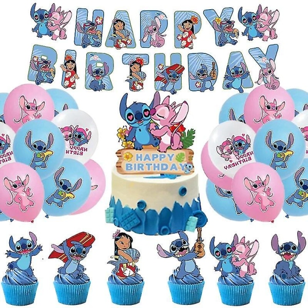 Sininen ommel Syntymäpäiväjuhlat Koristeet Piirretty Lilo Ja Stitch Teema Astiastosetti Kupit Lautasia Ilmapallo Lapsi Juhlatarvikkeet 4pcs set