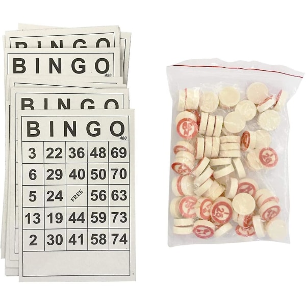 Vintage træ bingospil, med 40 bingo nummerkort og 75 skak