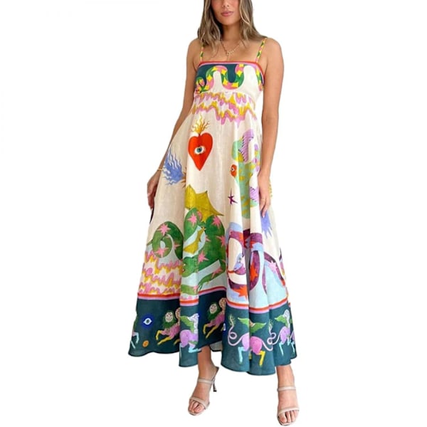 Kvinner søt print maxi cami kjole løs ermeløs spaghetti stropp boho kjole flytende graffiti lang a-linje sol kjole -GSL FF GY ZD W m