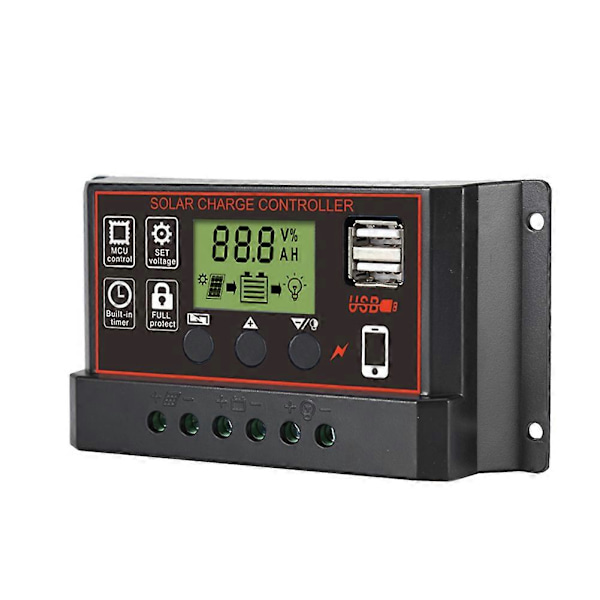 10-30A Solpanelregulator Batteriladerstyring LCD Auto Dual B 12V/24V black 10a