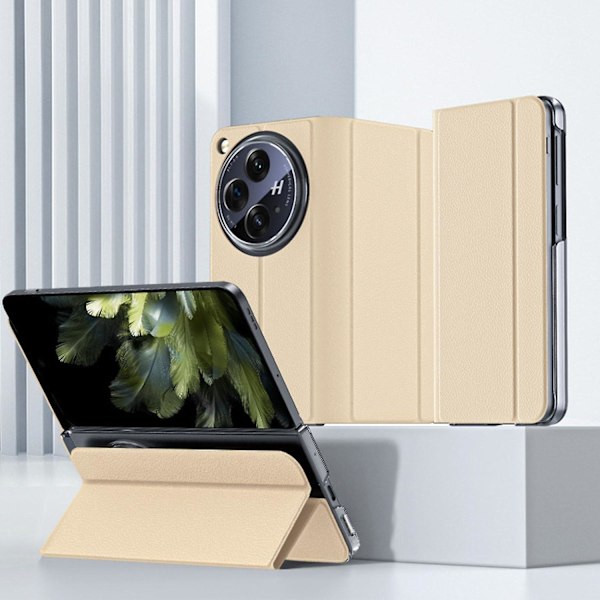 Magnetiskt Skyddande Fodral för Oneplus Open Flip Case, Minimalistiskt Läder Kickstand Cover Helkroppsskyddande Telefonfodral gold