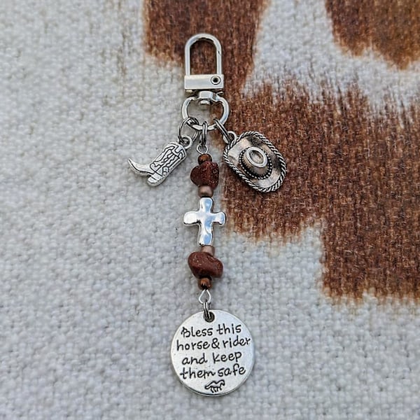 Sadel- och tygelberlockklämma, sadelberlock, välsigna denna häst och ryttare Håll dem säkra Tygelberlock, Festival Ridentusiast Charms Hängande prydnad a