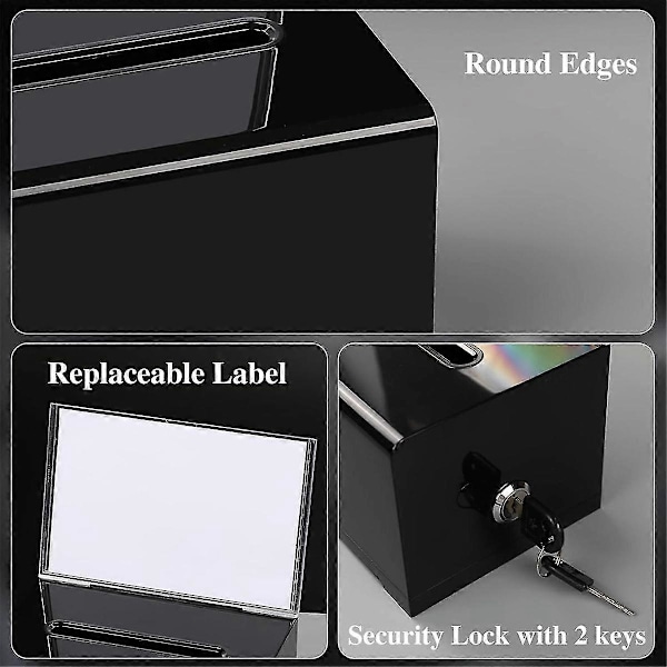 1 Pak Acryl Donation Box med Lås, Sort Stemmeboks med Skilt Holder, Forslagboks til Fundraising