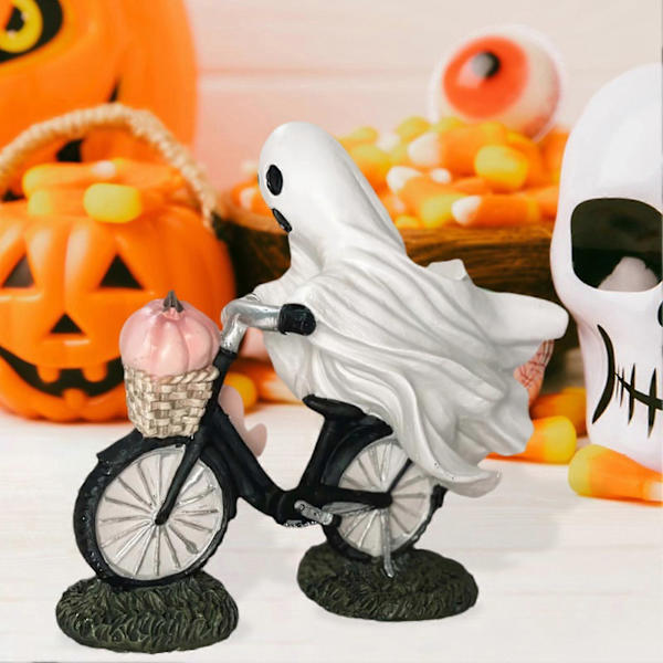 Halloween-aave ja vaaleanpunainen kurpitsakoriste, söpö aave pyöräilee patsas, pelottava hartsipöytäpatsas, käsintehty hauska aavekoriste -CHN