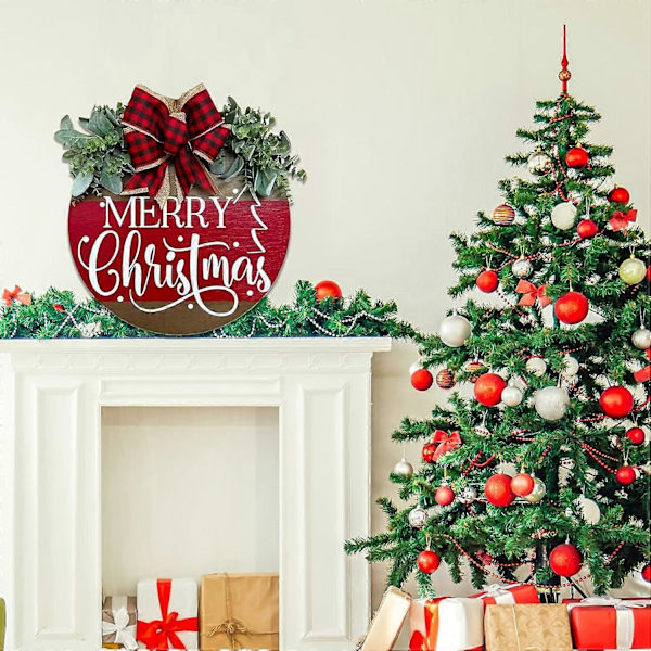 Julvälkomstkrans Dekorationer, God Jul Hängande Skylt för Framdörr, Konstgjord Flätad Julkrans b
