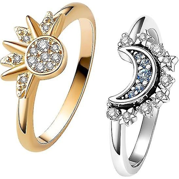 Sæt med sol- og måneringe, funklende solring, blå månering, venskabsring, stablebare himmelringe, gave til kvinder og piger size 9