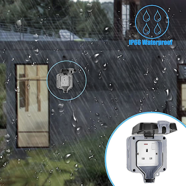 Dubbel vattentät strömbrytare uttag Ip66, vägguttag med lock, 13a 2-vägs uttag grå (single-uk) ZD Q