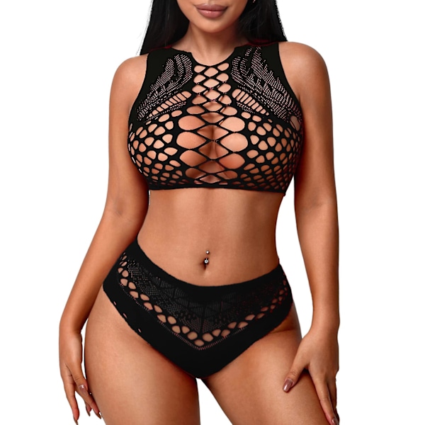 Kvinners Fishnet Lingerie For Women Sexy Todelt Lingerisett Stripper Outfit Ybx -GSL black