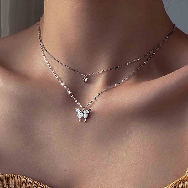 Smykke med sommerfugl-anheng, choker, sølvkrystall, lagdelt blonder, insektkjede for kvinner og jenter