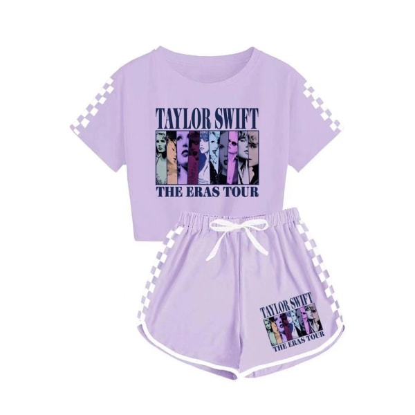 Taylor Swift mænds og kvinders T-shirt + shorts sportspyjamas børnesæt Purple 140cm