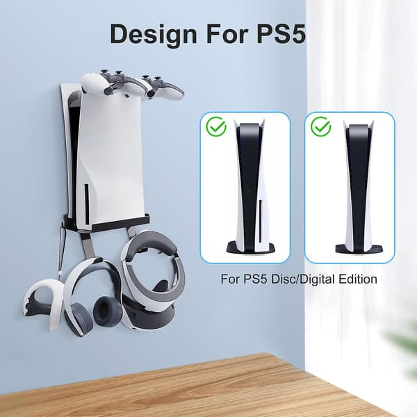 PS5 Väggfäste Kit Kompatibelt med PS5 Digital/Disc Edition, Med Krokar för Förvaring av VR-glasögon, Headset, PS5-kontroller