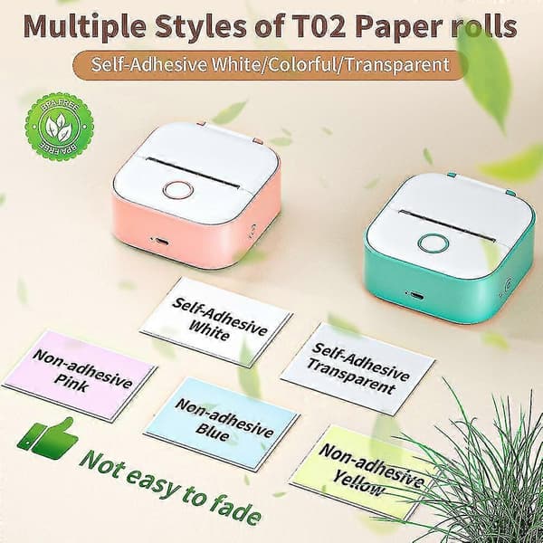 T02 Mini Printer Bærbar Printer Termisk Udskrivning Sticker Trådløs Blækfri Lommeprinter Selvklæbende Etiketprinter