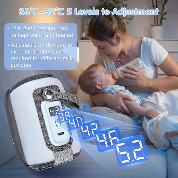 Bærbar babyflaskevarmerpose, USB-flaskevarmer, 5-trinns justerbar flaskevarmer med LCD-skjerm for babymat -JRZD