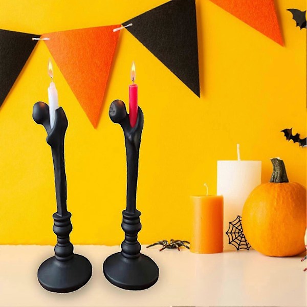 Halloween Ljusstake i Resin med Mänskligt Ben, Ljusfat, Koniskt Ljus, Gotisk Heminredning för Halloweenfest -CHN